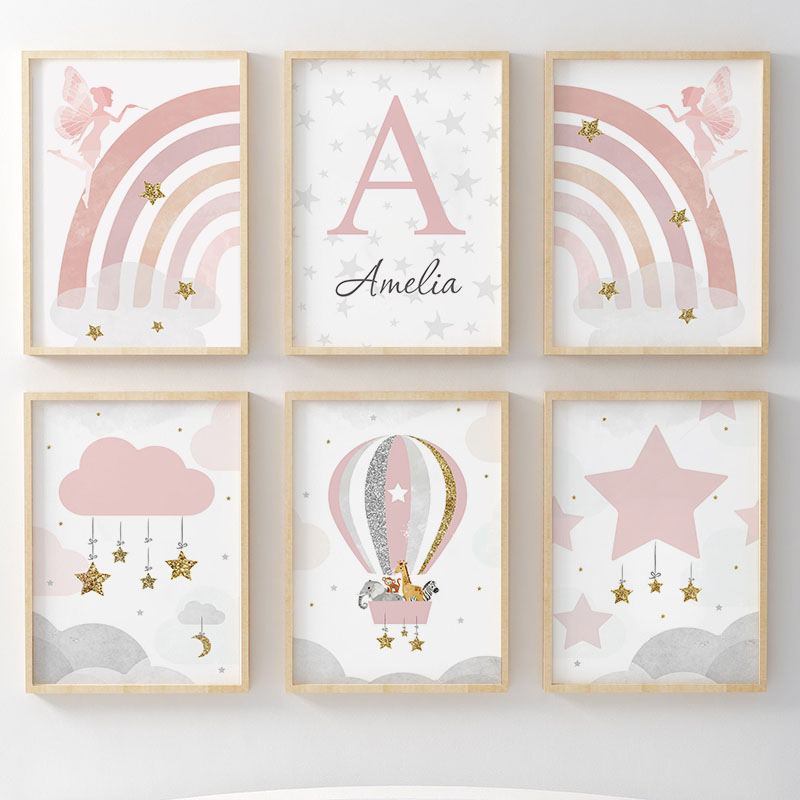 Baby Nursery Pink - Pembe Melek Kız Gökkuşağı Duvar Sanatı