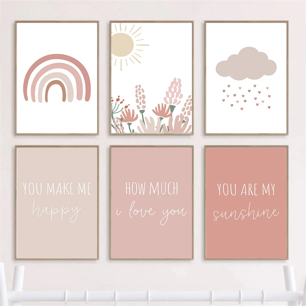 Baby Nursery Pink - Gökkuşağı Bulut Güneş Işığı Kanvas Tablo