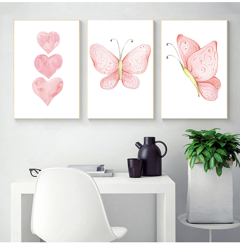 Baby Nursery Pink - Pembe Kalp Kanvas Tablo Kelebek Duvar