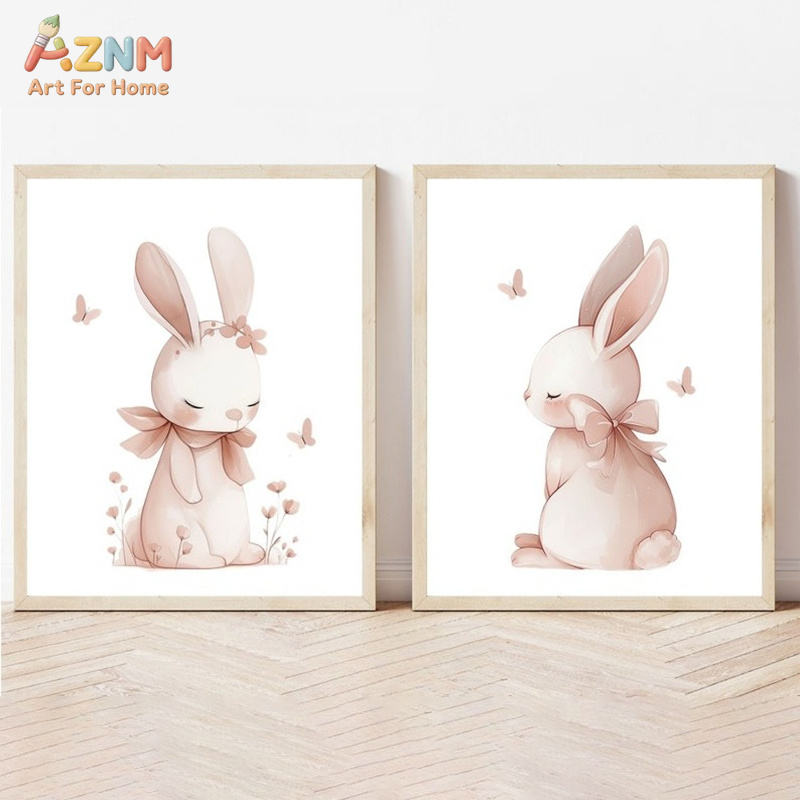 Baby Nursery Neutral - AZNM Yumuşak Pembe Suluboya Tavşan Kanvas
