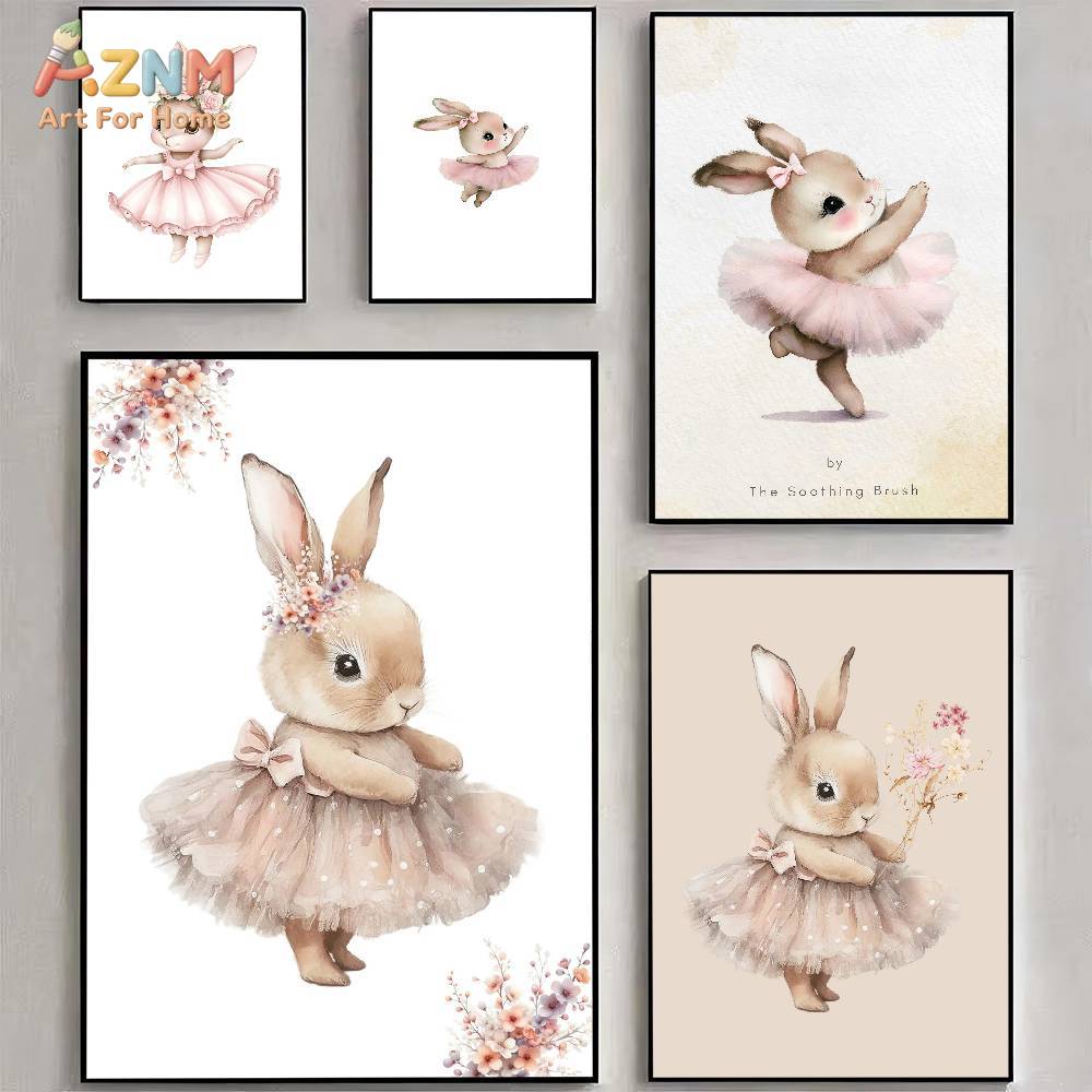 Baby Nursery Pink - AZNM Suluboya Balerin Tavşan Kanvas Baskı