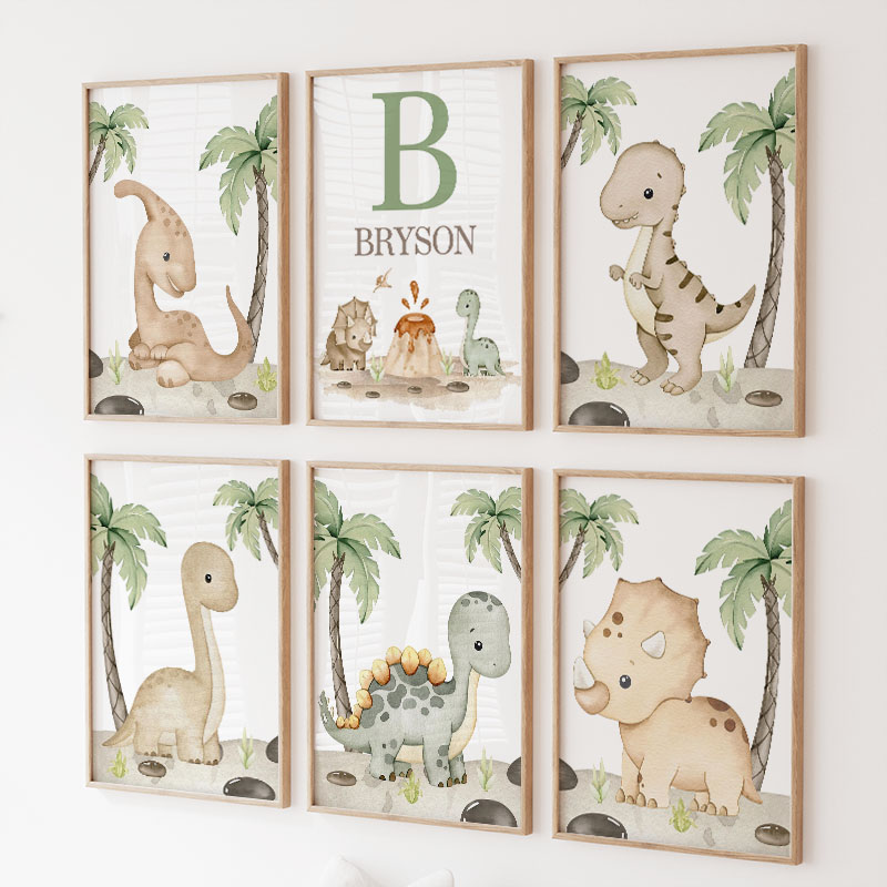 Baby Nursery Neutral - 6 Çeşit Nötr Dinozor Kanvas Tablo,