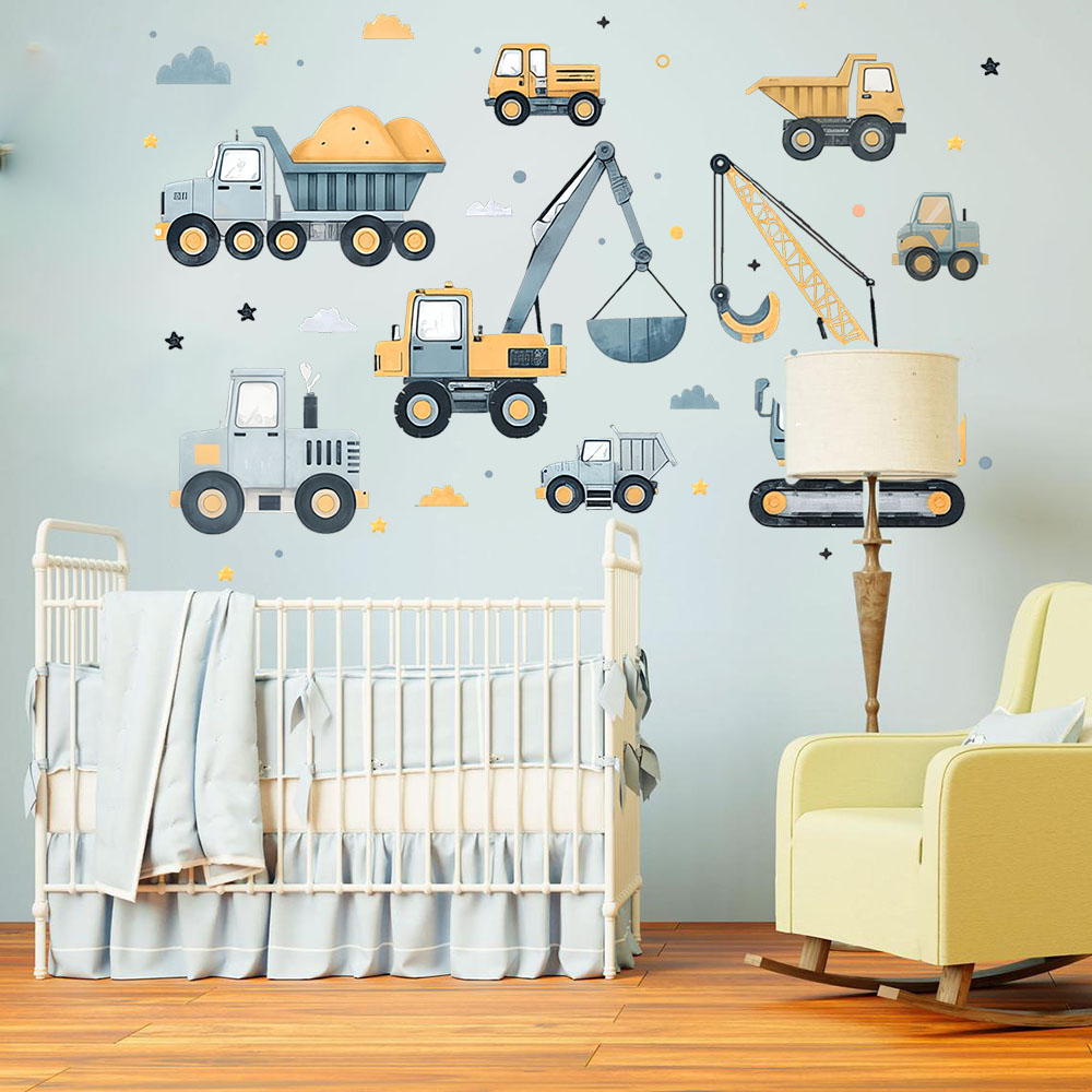 Baby Nursery Vinyl - Karikatür Ekskavatör Araçlar Set Araba Duvar
