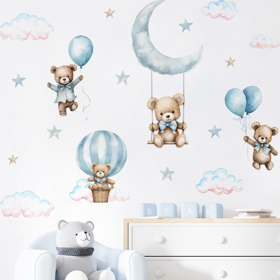 Baby Nursery Decor Boy - Suluboya Ayı Sıcak Hava Balonu Bulut