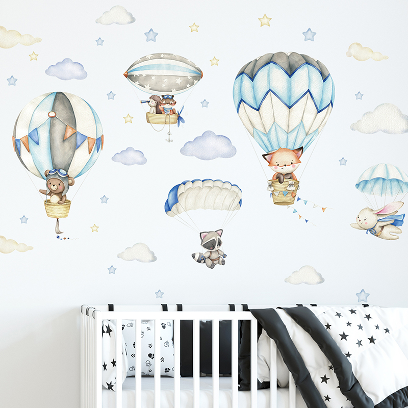 Baby Nursery Vinyl - Karikatür Sevimli Hayvanlar Sıcak Hava Balonu