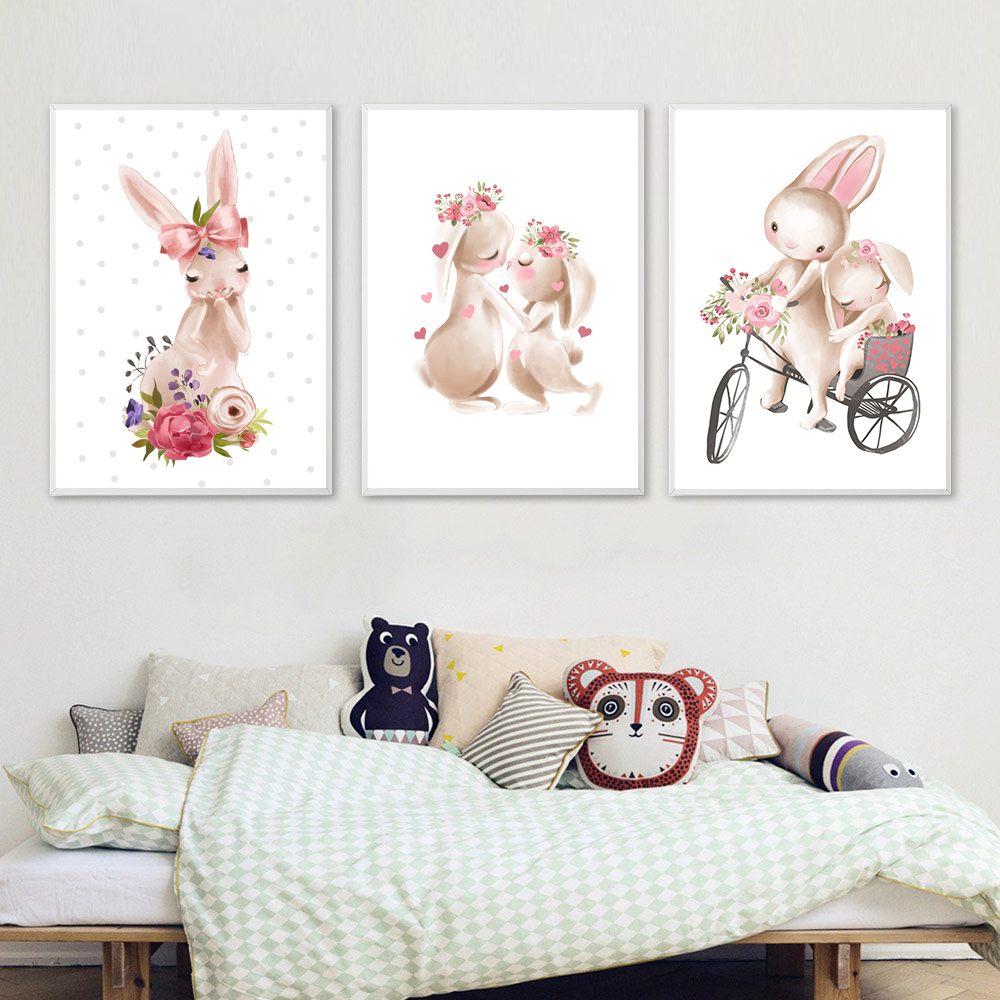 Baby Nursery Pink - Tavşan hayvan baskısı, pembe çiçek posteri,