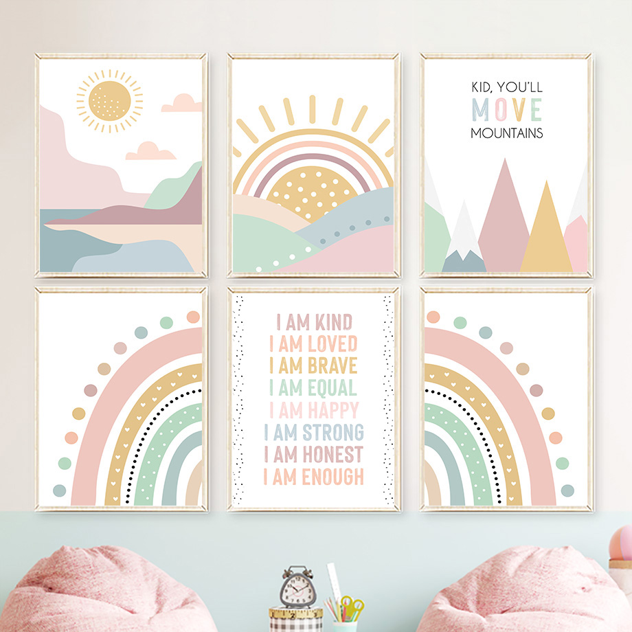 Baby Nursery Pink - Pembe Dağ Güneşi Gökkuşağı Alıntısı Bohem