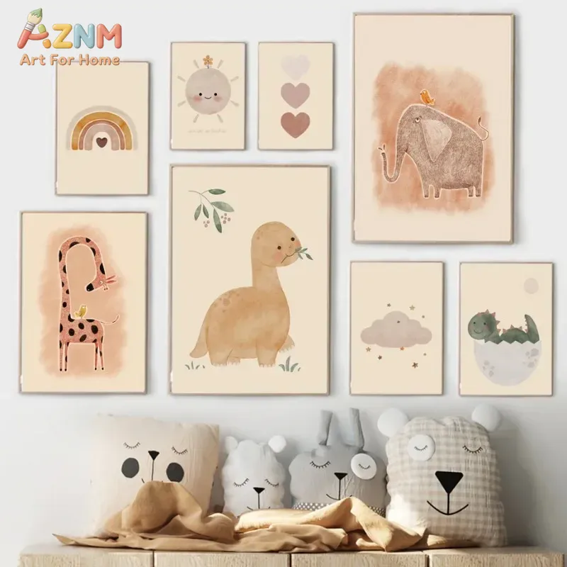 Baby Nursery Neutral - AZNM Nötr Suluboya Dinozor Kanvas Duvar