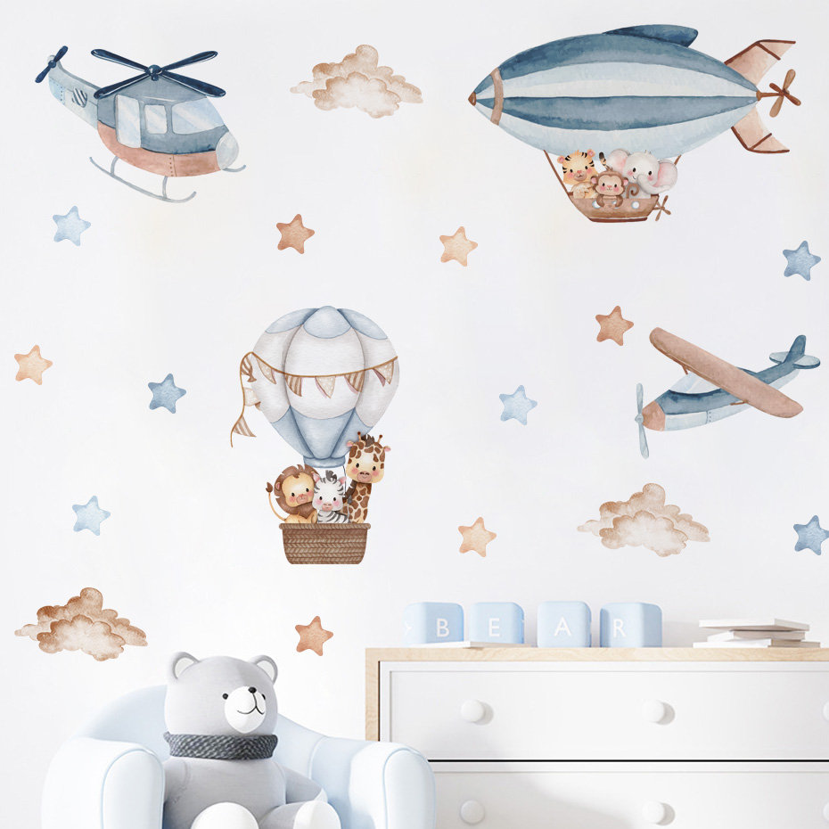 Baby Nursery Decor Boy - Suluboya Hayvanlar Sıcak Hava Balonu Bulutlar