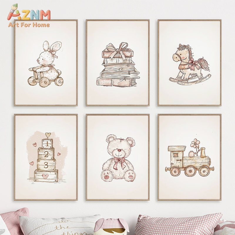 Baby Nursery Neutral - AZNM Vintage Bebek Oyuncak Kanvas Duvar