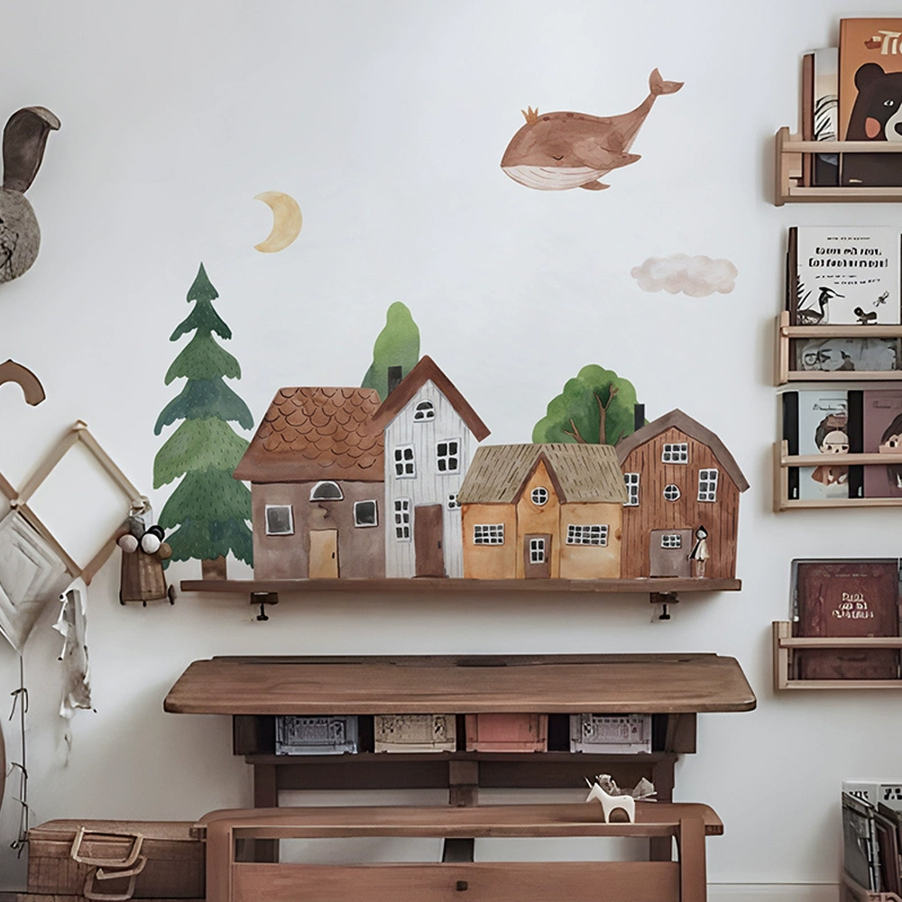 Baby Nursery Vinyl - Kumaş karikatür orman eski şehir duvar